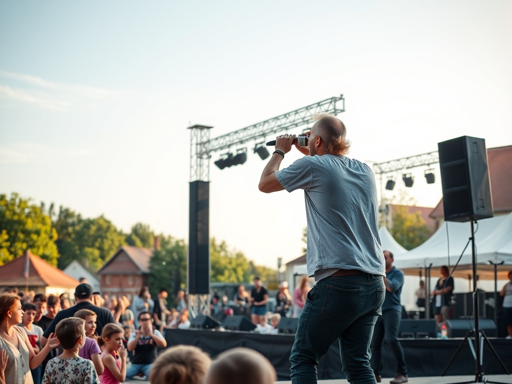 Młodzi ludzie bawiący się na festiwalu muzycznym w Łomży lub młodzi piłkarze trenujący na boisku, symbolizujący kulturę i sport w mieście.